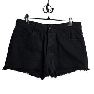 Forever 21 Black High Rise Denim Shorts Size 30 Frayed Hem Button Fly Distressed